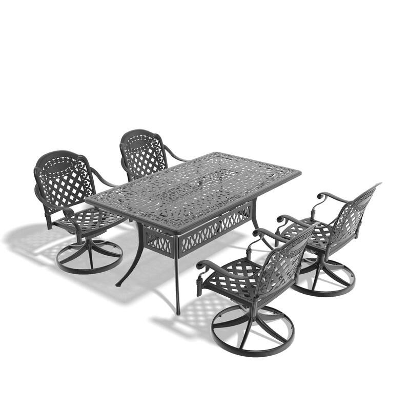 5-Piece Aluminum Rectangular Outdoor Patio Dining Set, 4 Cushioned Swivel Chairs, Table, All-Weather Frames