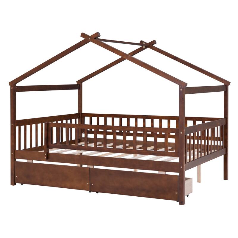 Wood Playhouse Bed Frame with 2 Drawers & Roof for Kids, Boys or Girls
