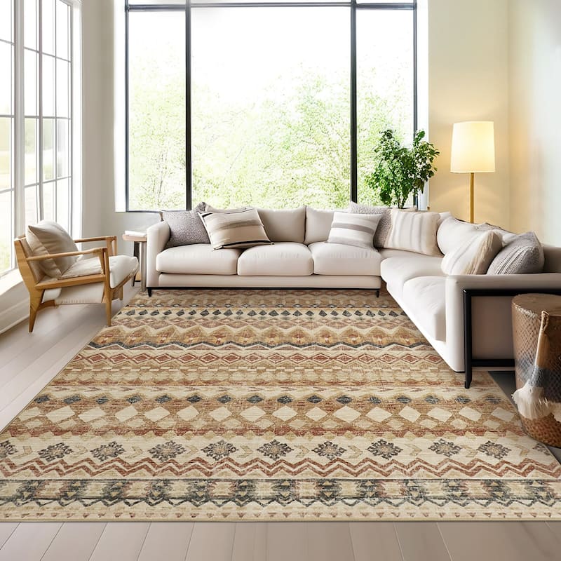 Garvee Boho Geo Low Pile Foldable Area Rug - 8' x 10' - Beige - Rectangle