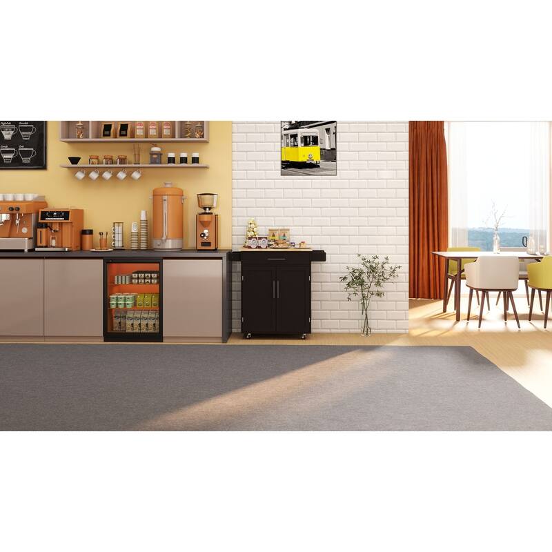 Mobile Kitchen Trolley with 2-Door Cabinet, Pull-Out Drawer, Adjustable Shelf, Seasoning Rack & Lockable Wheels
