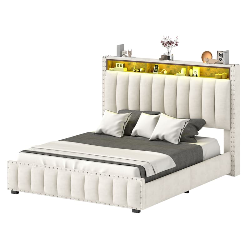 Moasis King Bed Upholstered Platform with Button-Tufted Frame - Beige - Queen