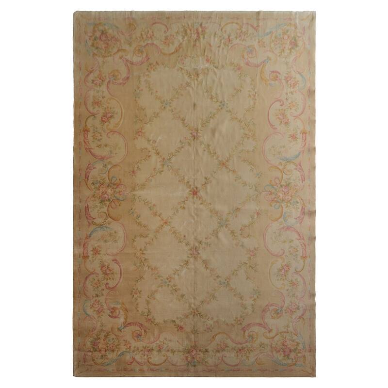 12x18 Hand Knotted Beige Silk Traditional Plush Pile Aubusson Savonnerie Rug - 12' x 18'