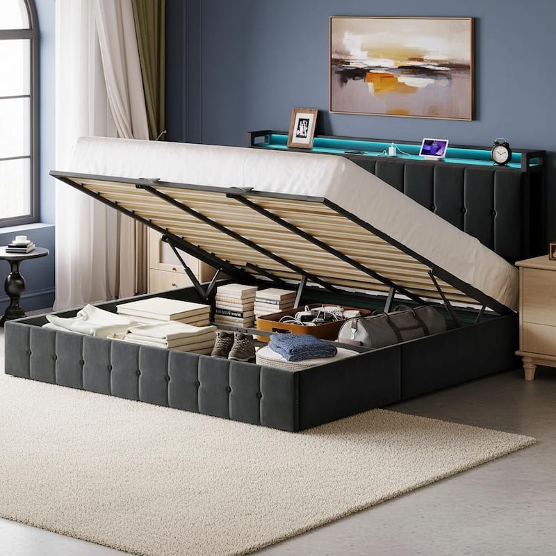 Bed Frame with Lift Up Storage and Charging Station