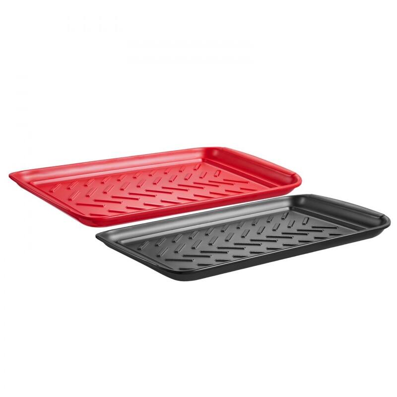 Black and Red Melamine 2-Piece Serving Tray Set with Non-Slip Stripes and Stackable Design - 17 x 10.35 x 1.18 in