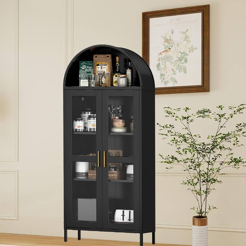 73'' Tall Metal Arched Cabinet, Modern Arch Kitchen Pantry Storage Cabinet with Glass Doors - Black