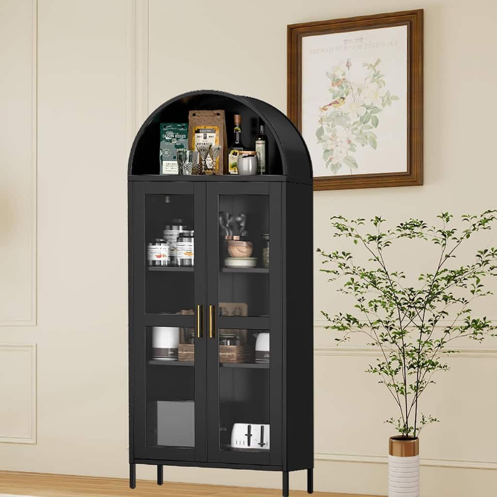 73'' Tall Metal Arched Cabinet, Modern Arch Kitchen Pantry Storage Cabinet with Glass Doors