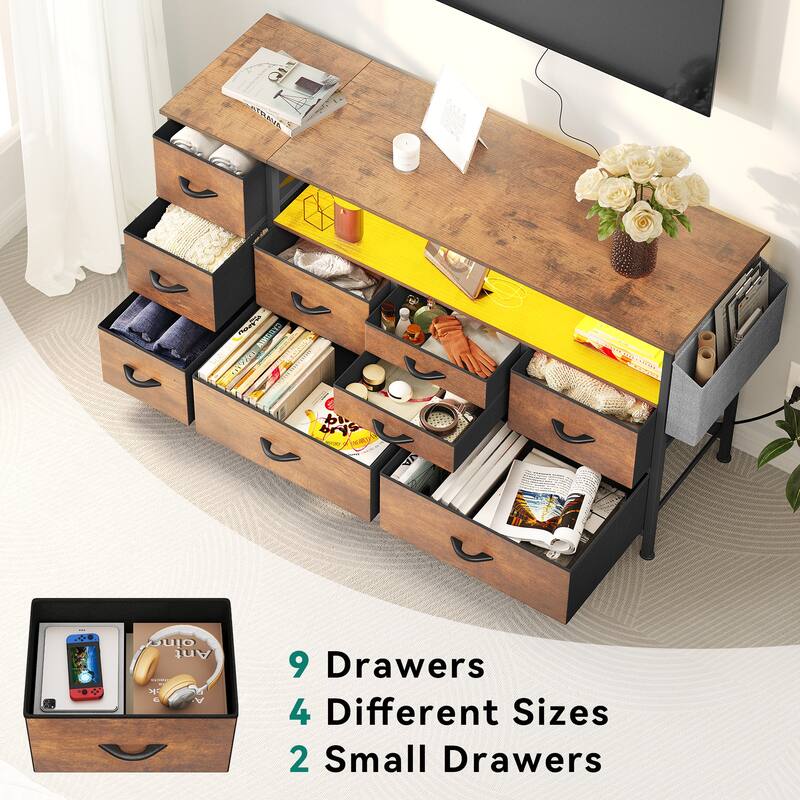 Moasis 50"W 9-drawer Fabric Dresser, Media Console, TV Stand with Outlets, RGB Lights