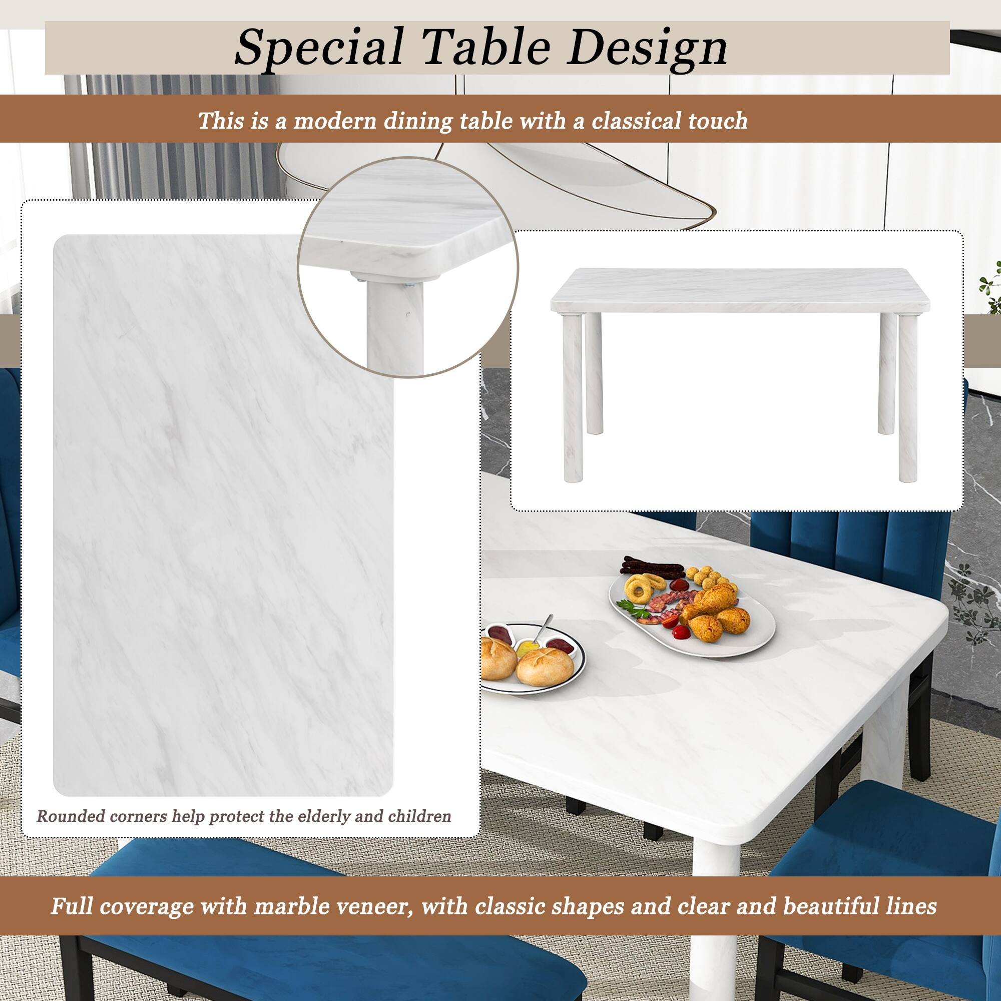 Elegant 6Piece Dining Table Set with Marble Veneer Table Bed Bath