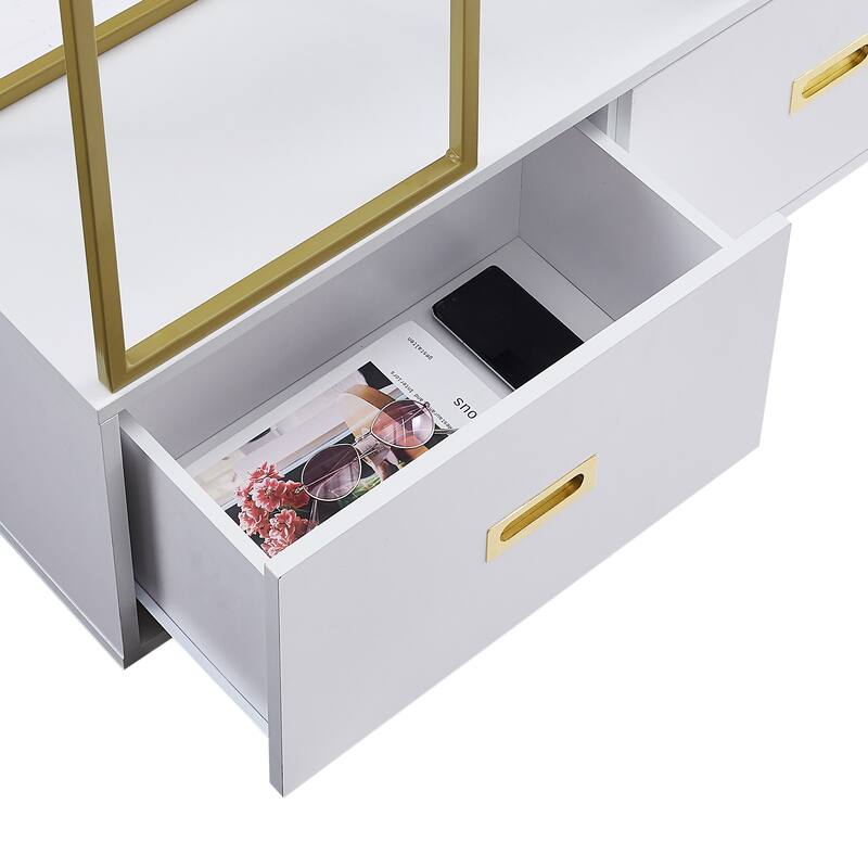 Roomfitters 70.8" Round Bookcase for Office, Bookshelf with Display Shelves and 2 Drawers, Gold Frame, Golden+White