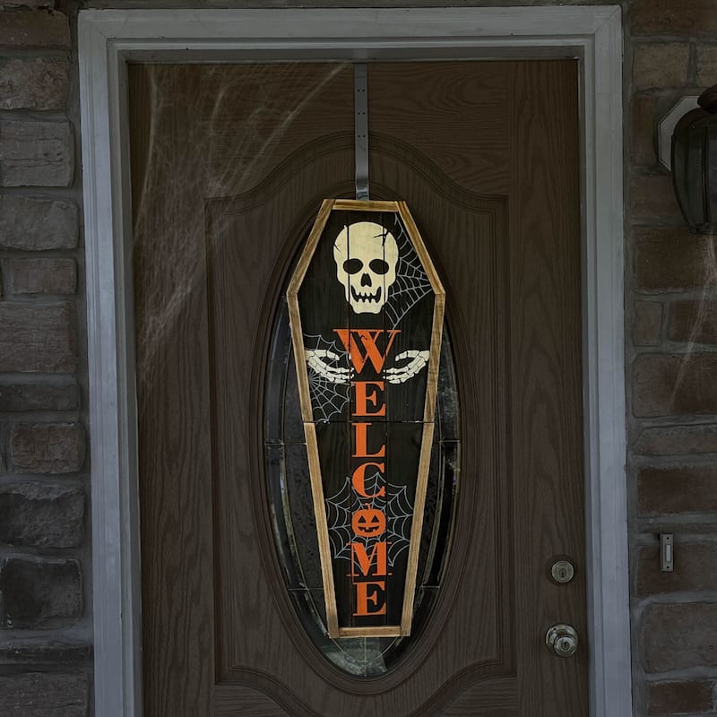 Haunted Hill Farm 33-In. Wood Coffin Welcome Sign with Folding Storage Hinges for Halloween Hanging Decoration