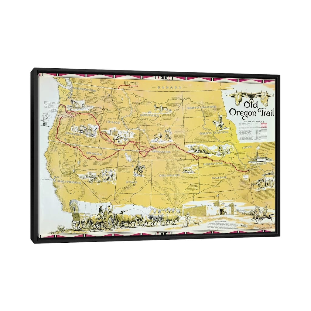 iCanvas "Map of the Old Oregon Trail " by American School Framed Canvas Print