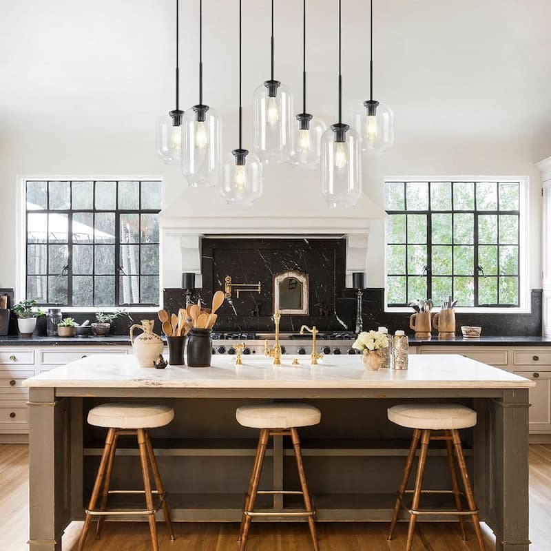 7-Light Cluster Glass Shade Linear Island Pendant - Mid-century Modern - Black