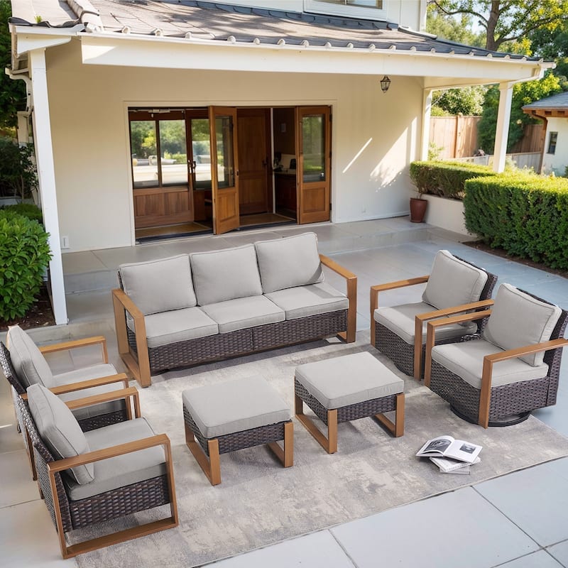 Patio Sofa with Rocking Chair Ottomans and Coffee Table - Brown - Grey - Brown
