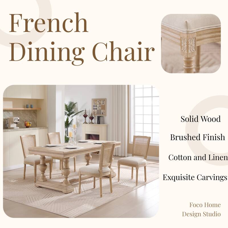 French Dining Chairs Set of 2, Upholstered Chairs with Nature Rattan T-shaped Back, carving techniques ,Disassemblable