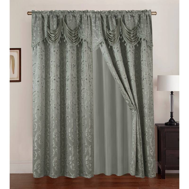 Franklin Jacquard 84 inch Rod Pocket Panel Pair with Attached 18 inch Valance - 108 x 84 in. (each panel measures 54 x 84 in.) - Silver