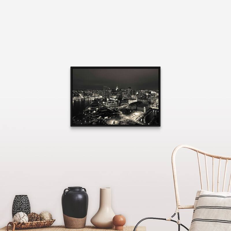"Buildings near a harbor, Inner Harbor, Baltimore, Maryland" Black Float Frame Canvas Art - Multi - 30 x 20