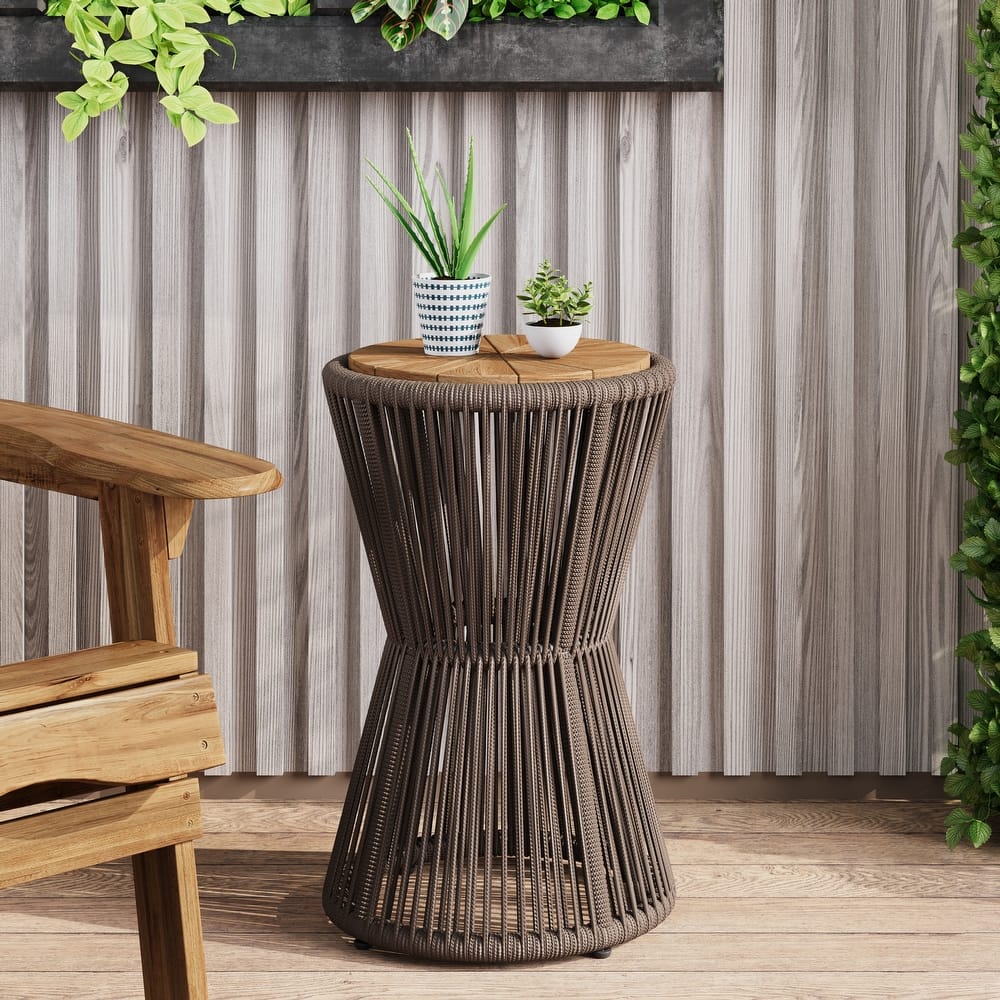 Christopher Knight Home - 25.8"H Modern Outdoor Acacia Wood and Woven Rope Side Table, Tapered Cylindrical Silhouettes Design