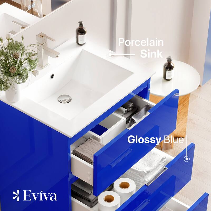 Eviva Malmo 24"W Blue Bath Vanity with Porcelain Integrated Sink