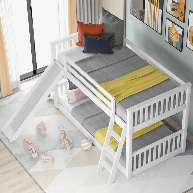 Floor Bunk Bed with Safety Guardrail, Solid Pinewood Bunk Bed Frame with Convertible Slide and Ladder