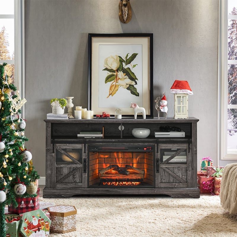 60"W Fireplace TV Stand with Sliding Barn Door, Farmhouse TV Console - 60"L x 15.75"W x 32"H - Dark Oak