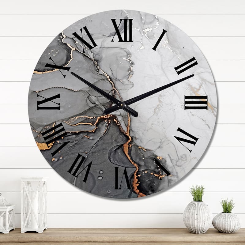Designart 'Grey And Orange Marble Waves' Modern wall clock