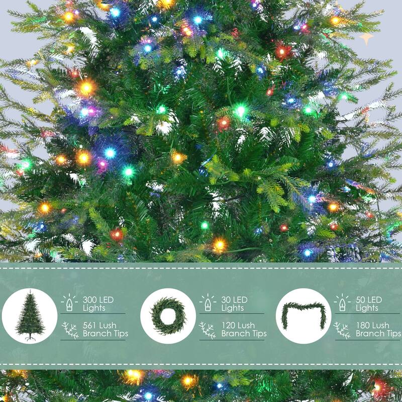 6FT Pre-Lit Christmas Tree with Garland & Wreath Set, LED Multi-Color & Warm Lights, Green and White Tips