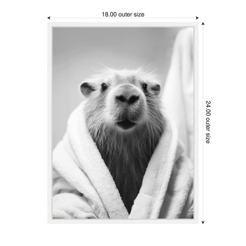 Kate and Laurel Sylvie Capybara Bathroom Art Towel Robe Black and White Framed Canvas by The Creative Bunch Studio