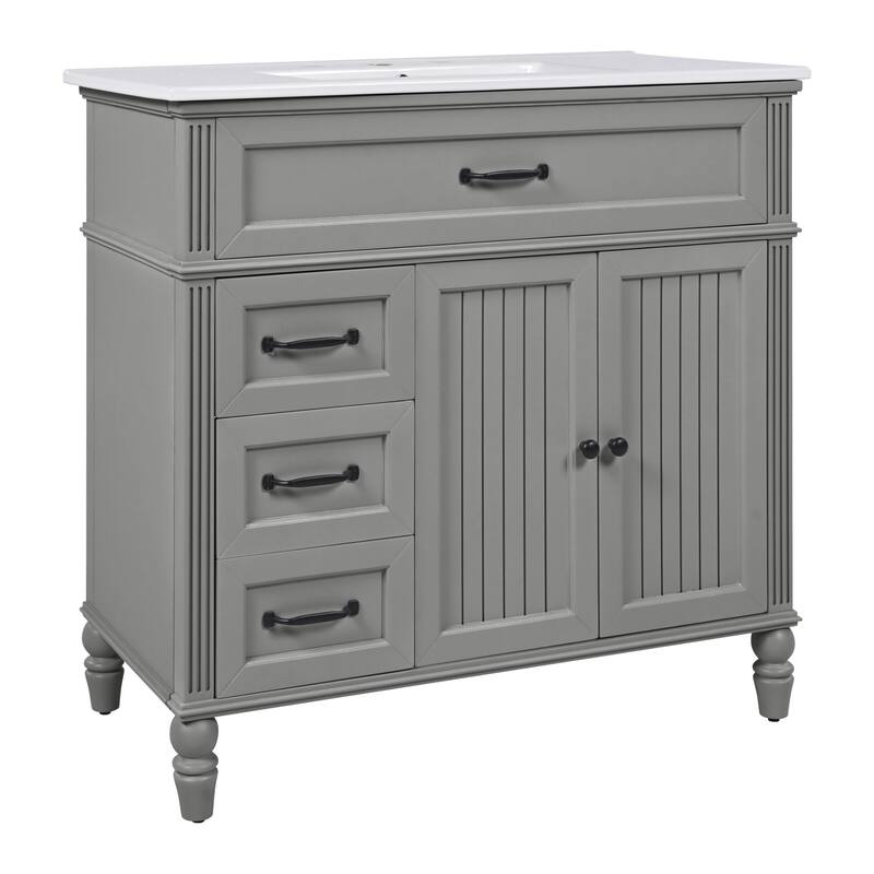 Roomfitters 36" Bathroom Vanity with Integrated Ceramic Sink, Solid Wood Frame and Soft-Close Storage