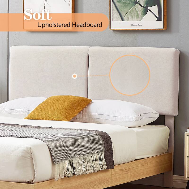 Javlergo Upholstered Bed Frame with Linen Fabric Adjustable Headboard Strong Wood Slats Supports No Box Spring Needed