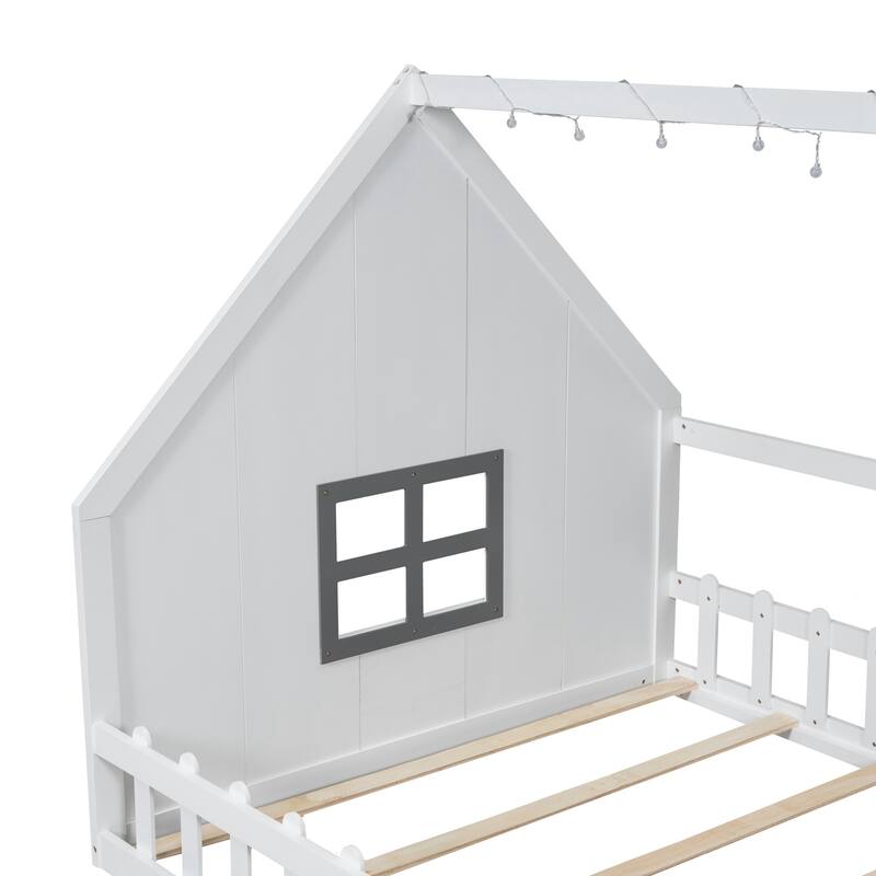 Full Size Wood House Bed with Window and Fence