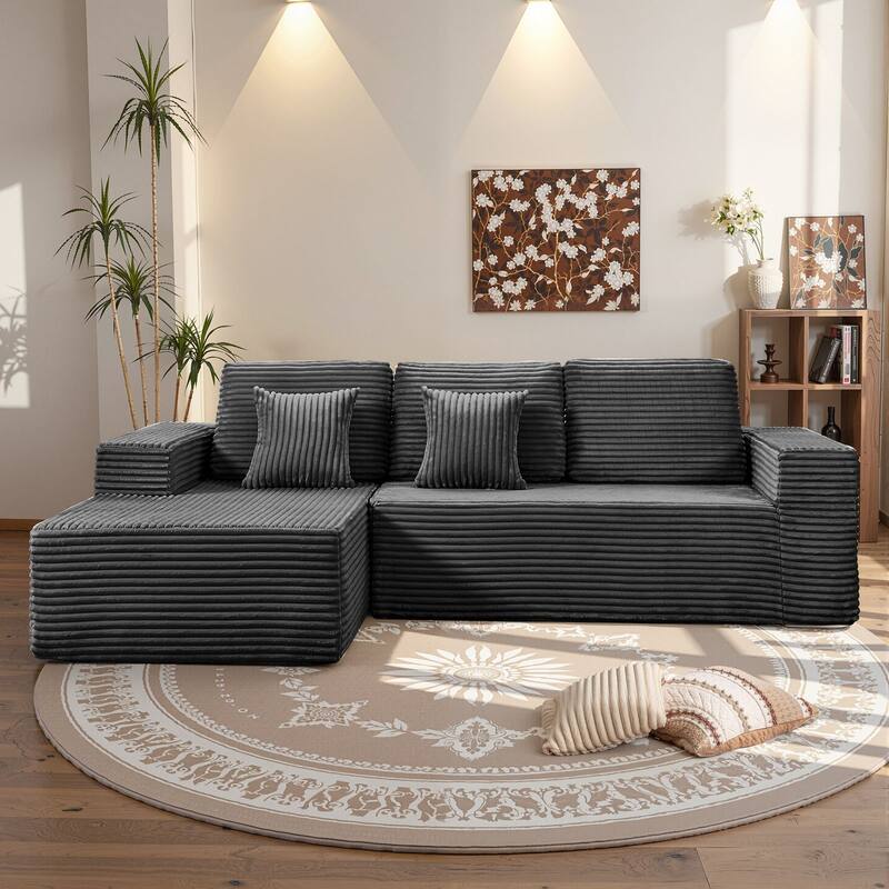 Gymojoy 108" Compressed Sofa Sectional Couch, 1400lbs Weight Capacity L-Shape Chaise Corduroy Couch for Living Room, No Assembly - Left Facing - Dark Gray
