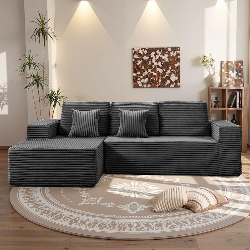 Meyreso No Assembly Required Long Plush L-Shaped Sectional Sofa with Square Nesting Coffee Tables