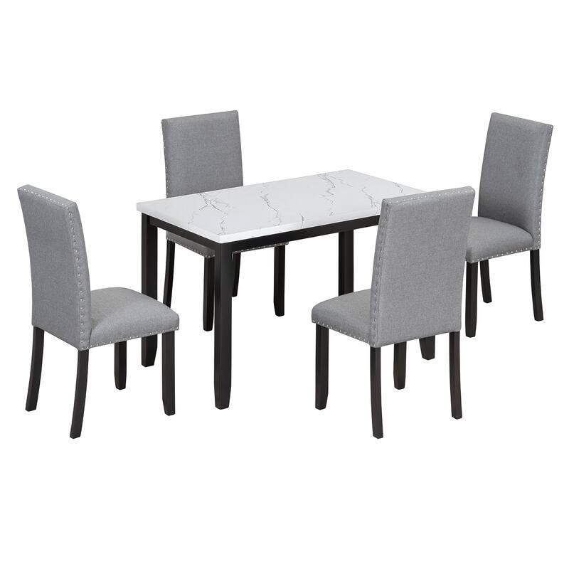 Minimalist Dining Chairs with Nailhead Trim, 5-Piece Kitchen Dining Table & Chairs Set, Black Grey Breakfast Nook
