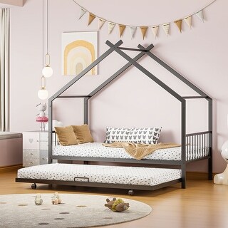 Twin Size Metal House Bed Frame with Pull Out Twin Size Trundle Bed and Semi-enclosed Roof for Kids, Teens Bedroom