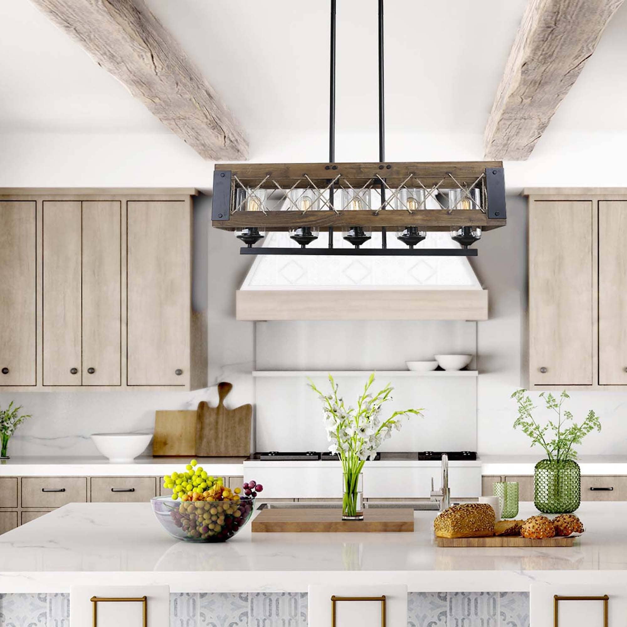 Modern Farmhouse Wood Island Chandelier Linear Glass Shade Hanging Rods Ceiling Lighting Fixture - W 31.9" * E 10.6" * H 10.2"