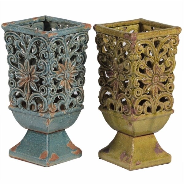 Engaging Ceramic Vase, Blue And Green, ortment Of 2