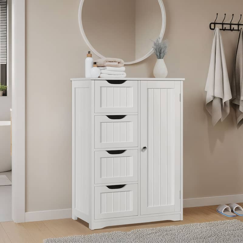 Yaheetech Large Bathroom Storage Cabinet Free-Standing Floor Cabinet with 4 Drawers and 1 Cupboard - White