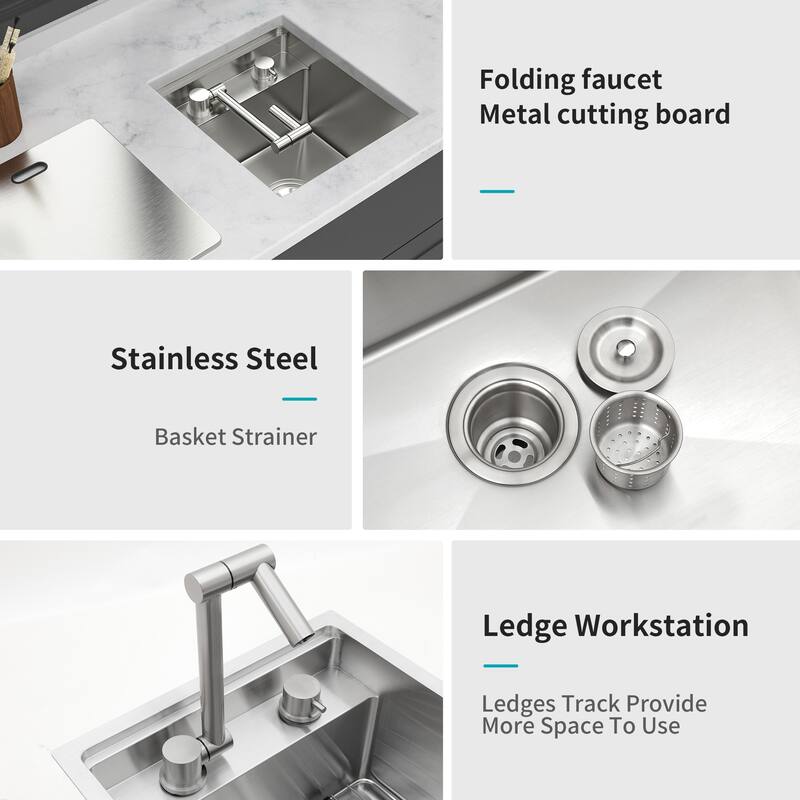 15" Undermount Bar Sink with Folding Faucet Single Bowl 16 Gauge Stainless Steel Kitchen Sink