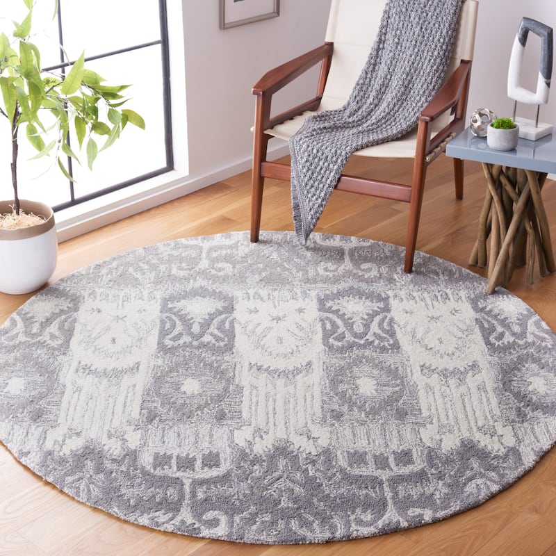 SAFAVIEH Handmade Ikat Riina Bohemian Wool Rug - 6' Round - Grey/Ivory