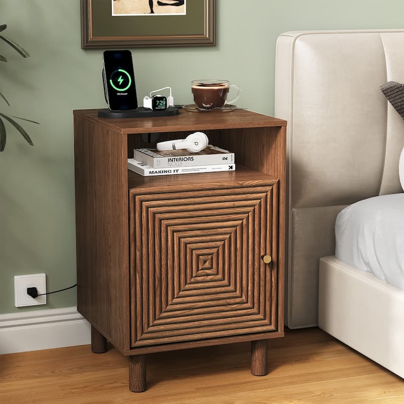 Nightstand with Charging Station and Solid Wood Legs
