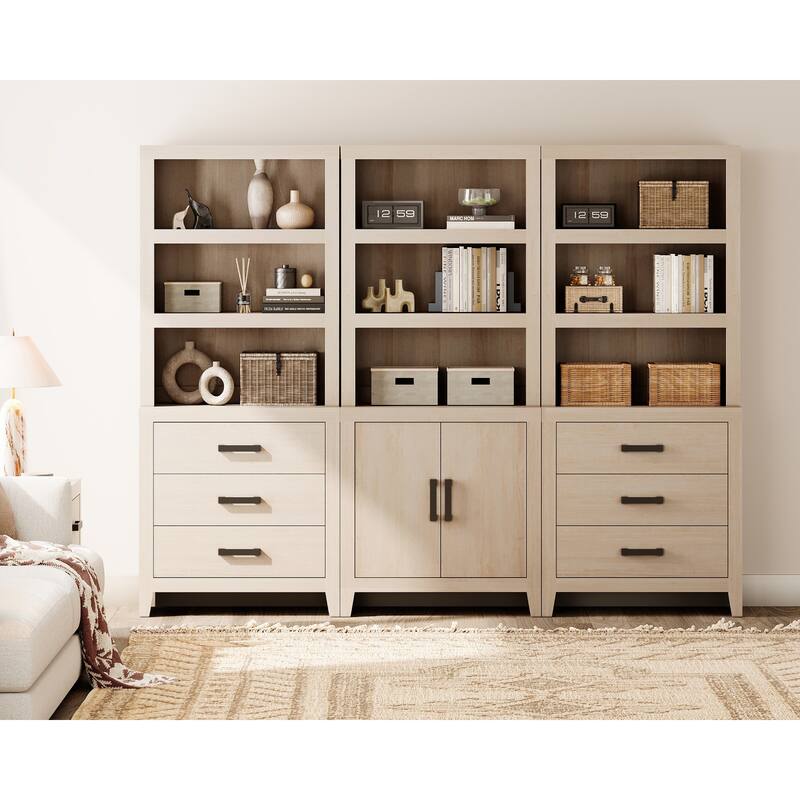 WAMPAT 74" 3-Piece Bookcase, Farmhouse Storage with Doors & Drawers