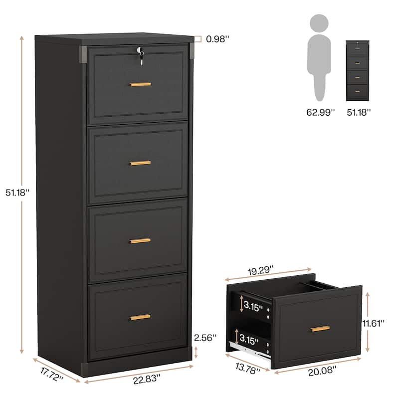 Vertical File Cabinet with 4 Drawers, Lockable Filling Cabinet with Key for Home Office