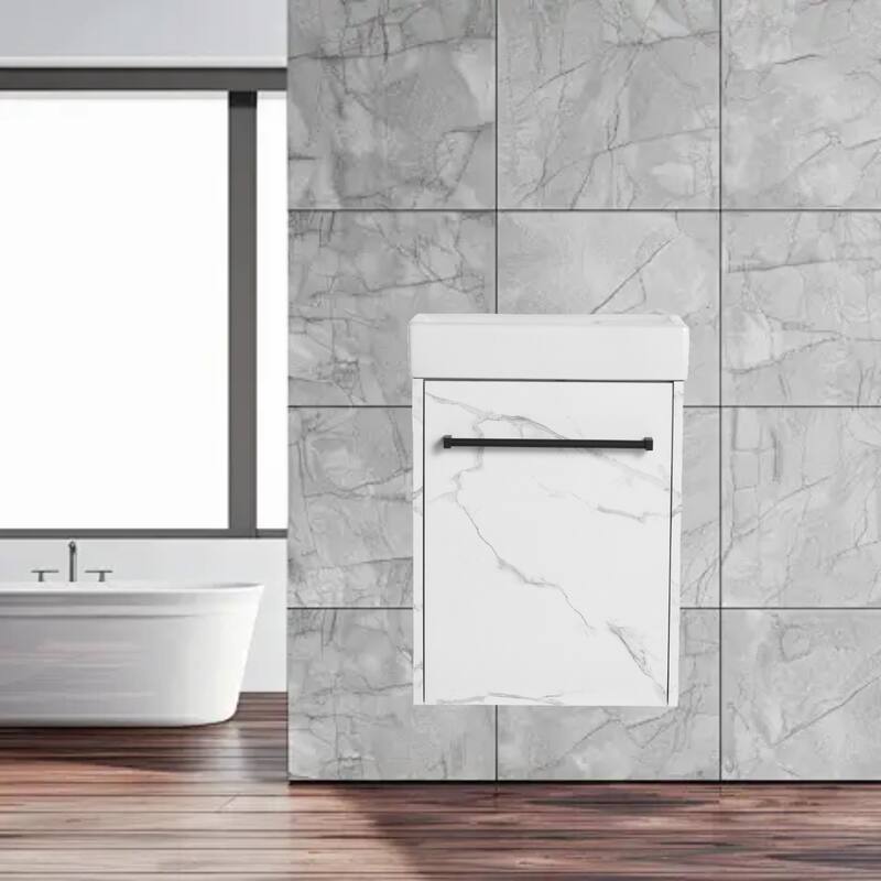 16'' Wall-Mounted Bathroom Vanity with Ceramic Sink, Soft-Close Cabinet Door, & Metal Handle - Space-Saving Design - White