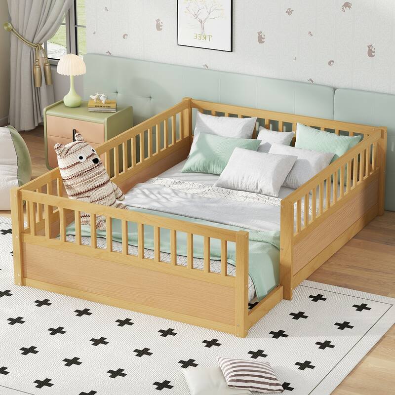 Roomfitters Wooden Full Floor Bed Frame with Fence, Montessori Low Platform Design for Bedroom or Playroom - Natural - Full