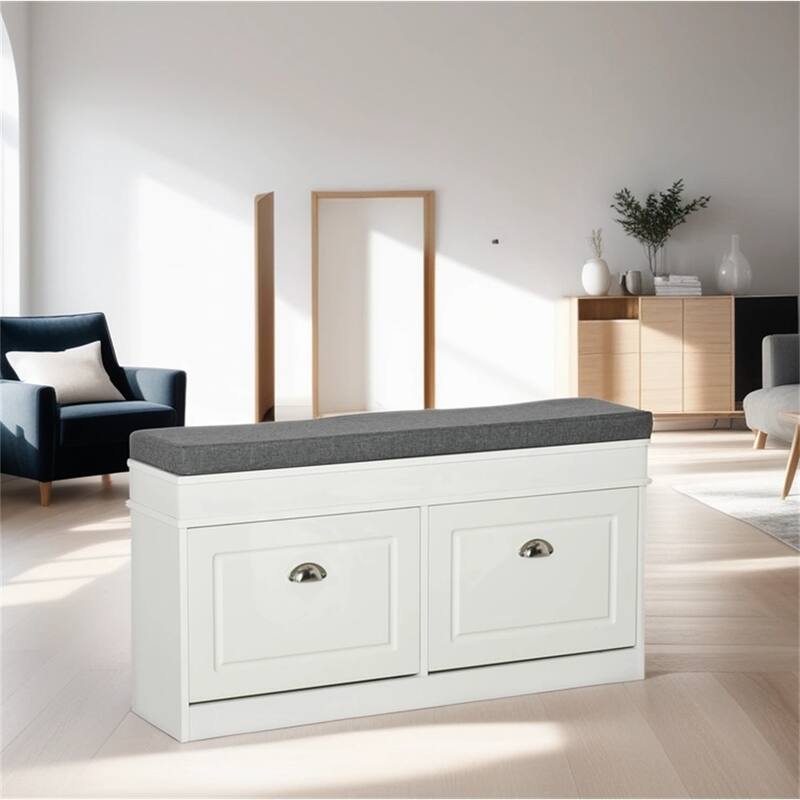 Modern Shoe Rack Bench with Drawers and Adjustable Shelf - White