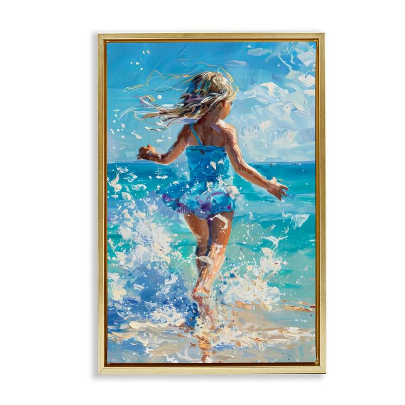 Stupell Girl Splashing on Shore Framed Floater Canvas Wall Art Design By LSR Design Studio - 17 x 25 - Gold