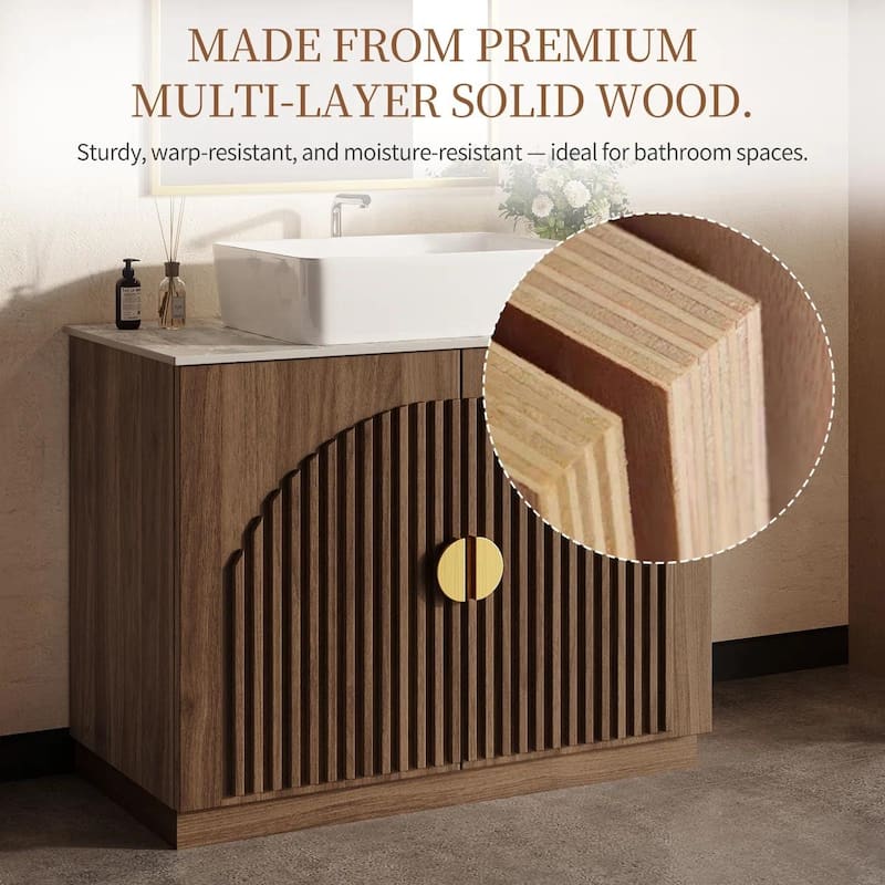 36" Mid - Century Modern Bathroom Vanity With Single Sink Grille Door & Gold Accents