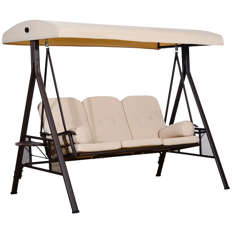 Outsunny Outdoor Patio 3-Person Canopy Cushioned Seat Bench Swing with Included Side Trays & Padded Comfort