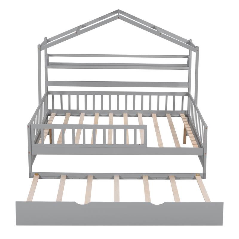 Cute Wooden Twin or Full House Bed with Trundle, Kids Bed Wood Platform Bed Frame with Safety Guardrail & Storage Shelf