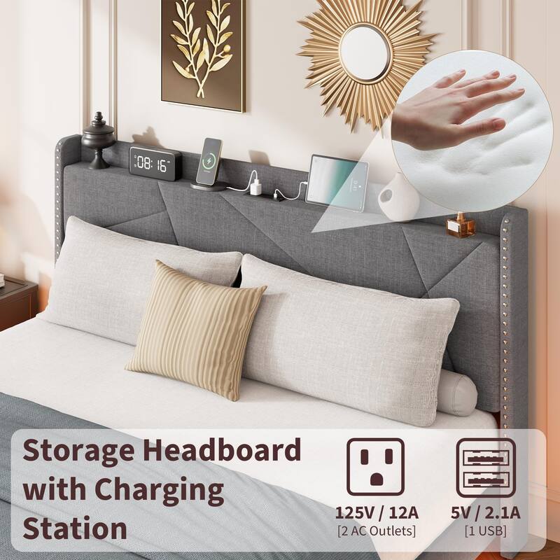Full/Queen Floating Bed Frame with LED Lights & Charging Station, Upholstered Platform Beds with Storage Headboard